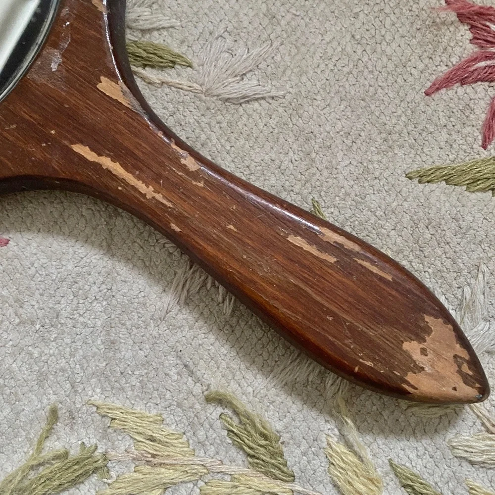 VTG I Long Handle Round Wood Hand Mirror Bird Dogwood Flowers